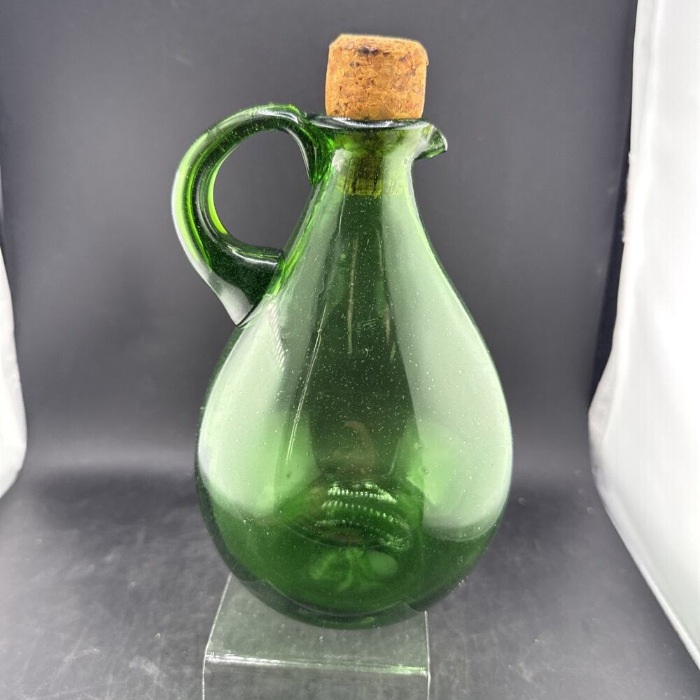 MCM Emerald Green Glass Wine Decanter Carafe with Handle Hand Blown Rough Pontil